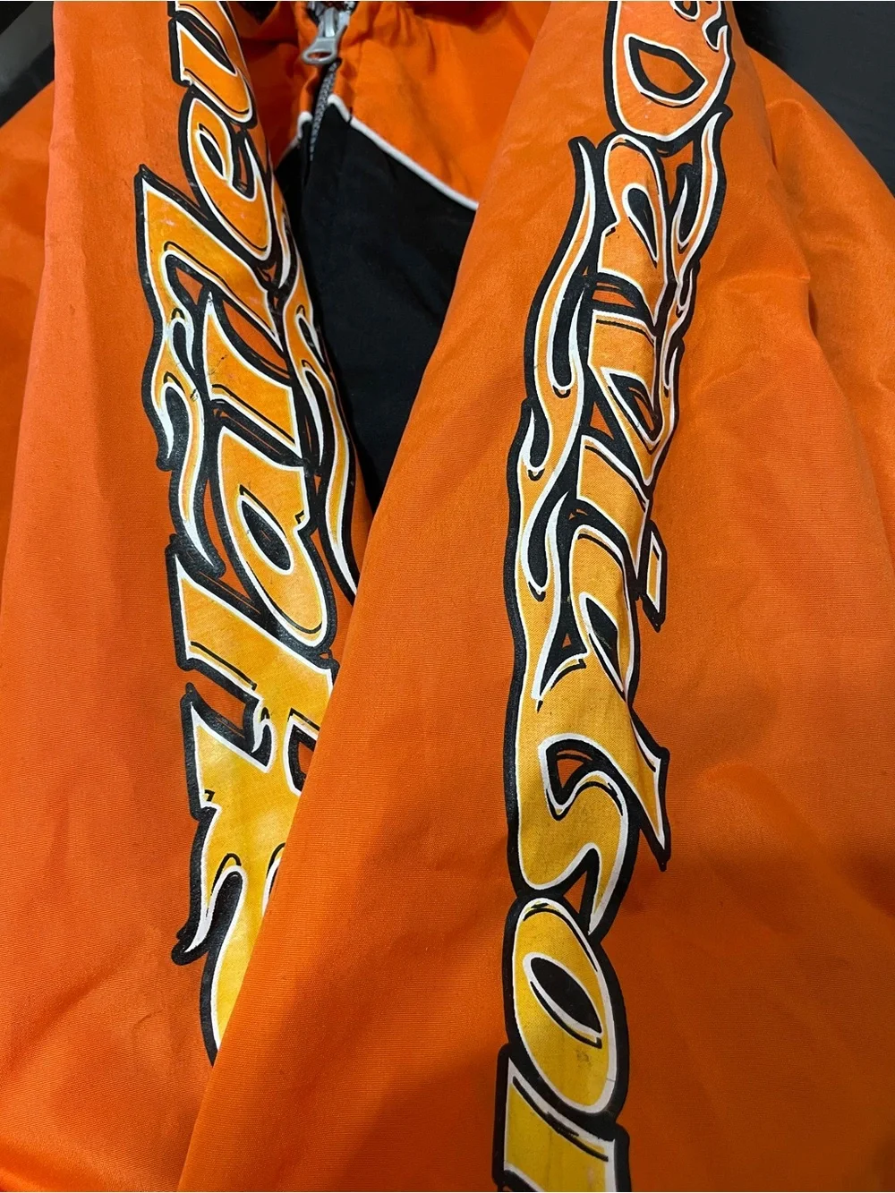 Harley-Davidson Jacket Orange Black Hooded Logo Flame Windbreaker Zip